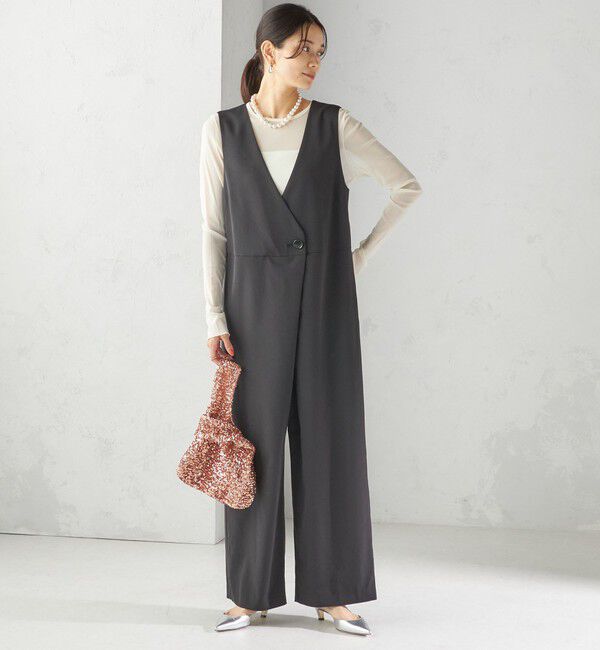 SHIPS for women「little black: 〈洗濯機可能〉ストレッチ ツイル フロント釦  Vネック オールインワン（セレモニー対応可）」|オールインワン|