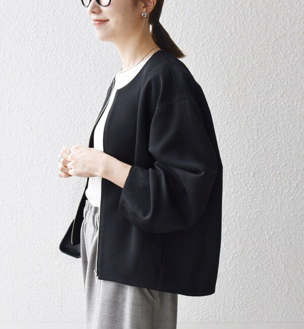 SHIPS any「《一部追加予約》SHIPS any:〈洗濯機可能〉ダブルクロス ノーカラー ジップ ブルゾン［NAVY BLUE］」|ノーカラージャケット|