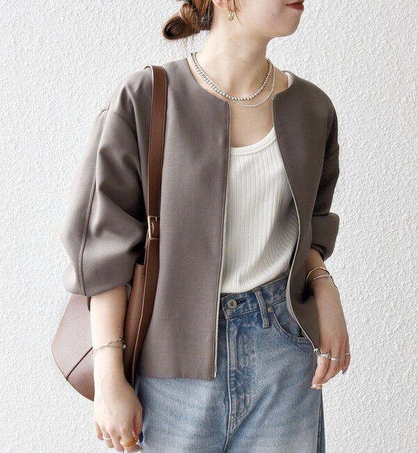 SHIPS any「《一部追加予約》SHIPS any:〈洗濯機可能〉ダブルクロス ノーカラー ジップ ブルゾン［NAVY BLUE］」|ノーカラージャケット|