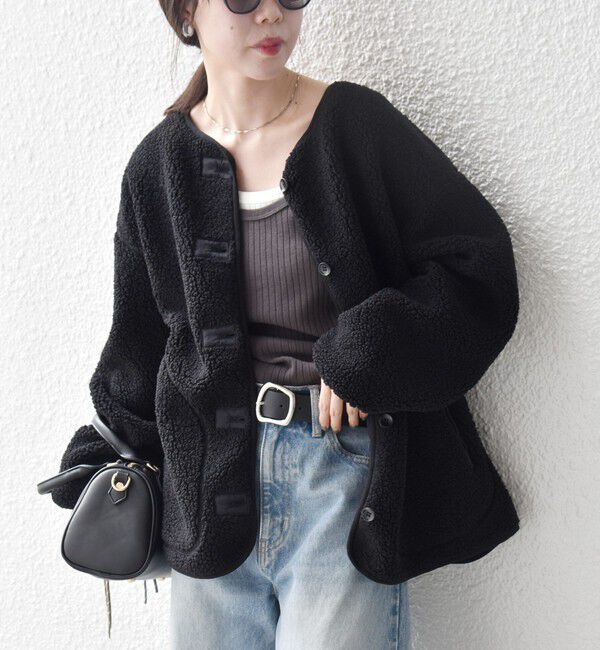 SHIPS any「SHIPS any:〈洗濯機可能〉ボア フリース 2WAY フーディー ブルゾン」|ブルゾン・スタジャン|ブラック