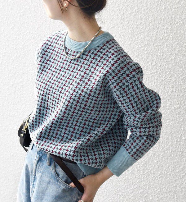 SHIPS any「SHIPS any:〈手洗い可能〉モールヤーン クルーネック ロゴ 千鳥柄 プルオーバー」|ニット・セーター|スカイブルー