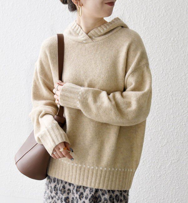 SHIPS any「SHIPS any:〈手洗い可能〉ステッチ デザイン フーディー ルーズ ニット」|ニット・セーター|ベージュ