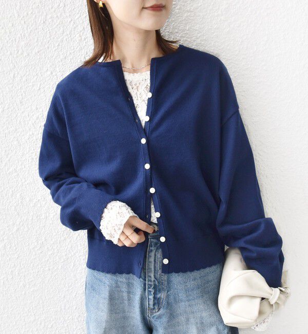 SHIPS for women「〈手洗い可能〉コットン カシミヤ混 スカラップヘム カーディガン」|カーディガン|ネイビー