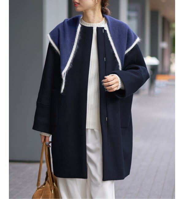 IENA「Super140 フォルムコート」|ノーカラーコート|ネイビー