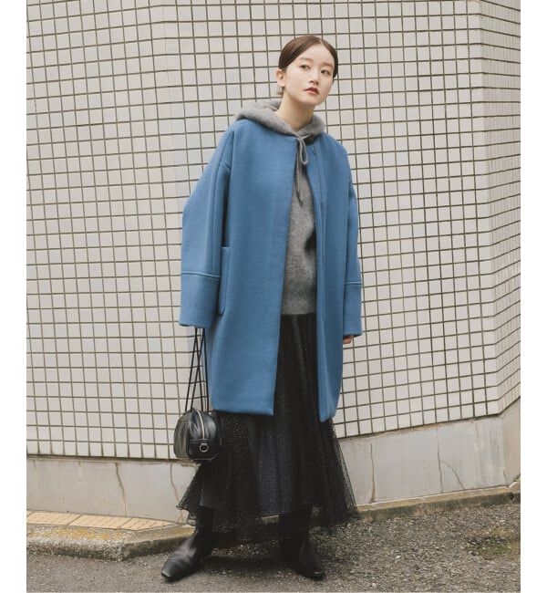 IENA「Super140 フォルムコート」|ノーカラーコート|ブルー