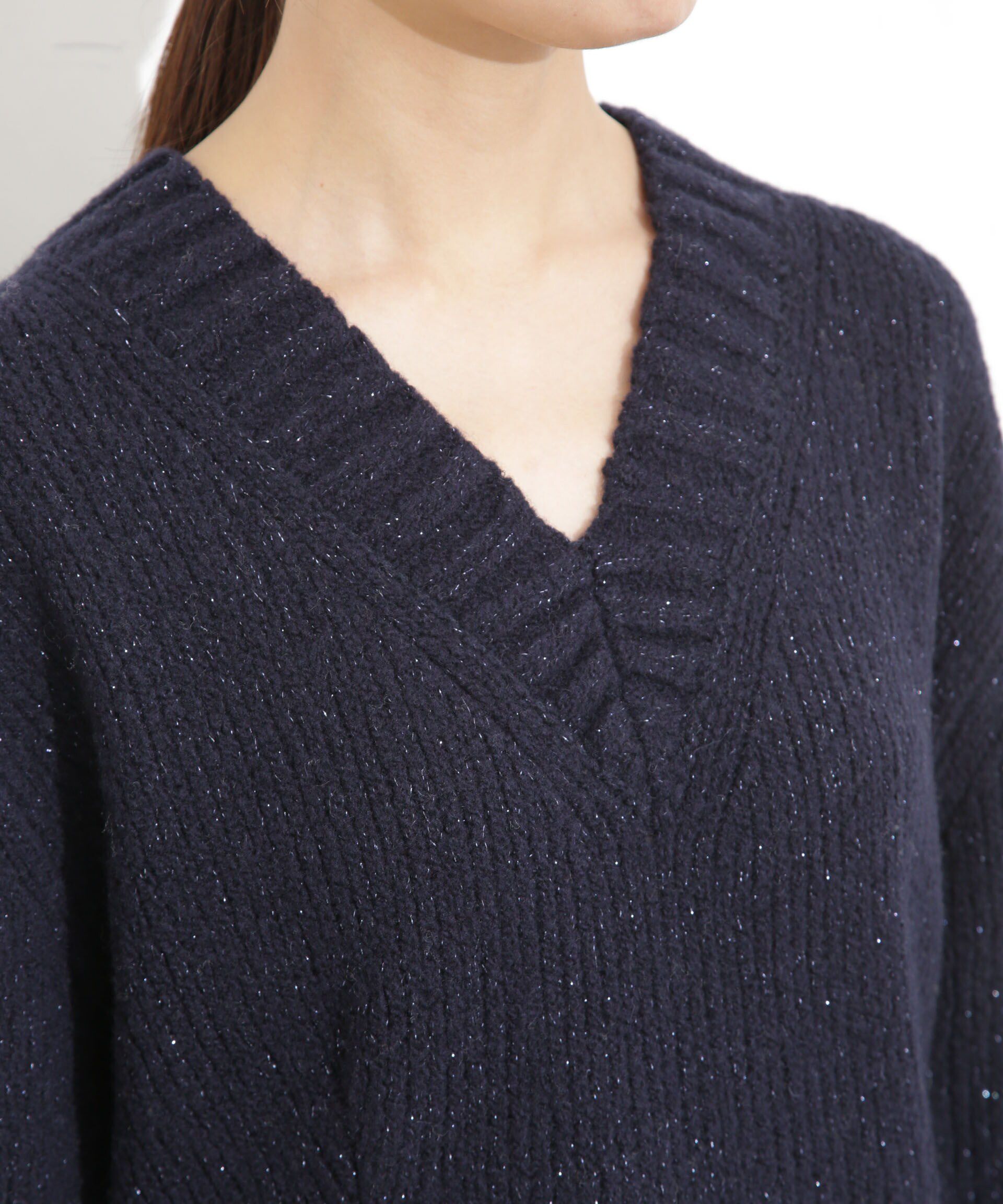 nano･universe「Vネックラメミックスロングニット」|ニット・セーター|