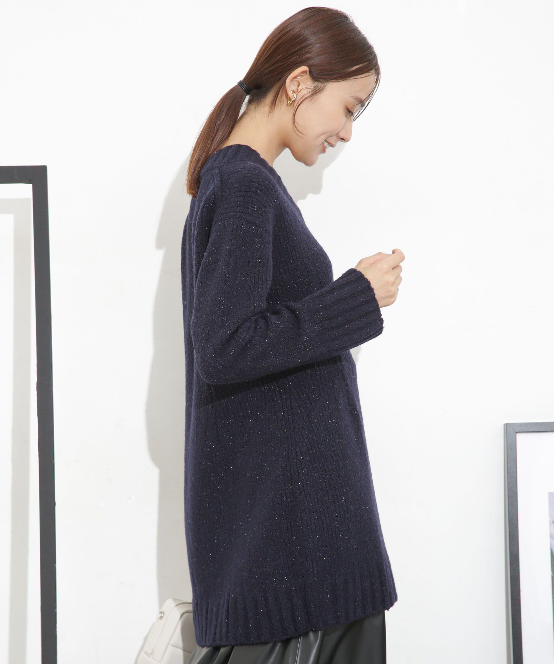 nano･universe「Vネックラメミックスロングニット」|ニット・セーター|