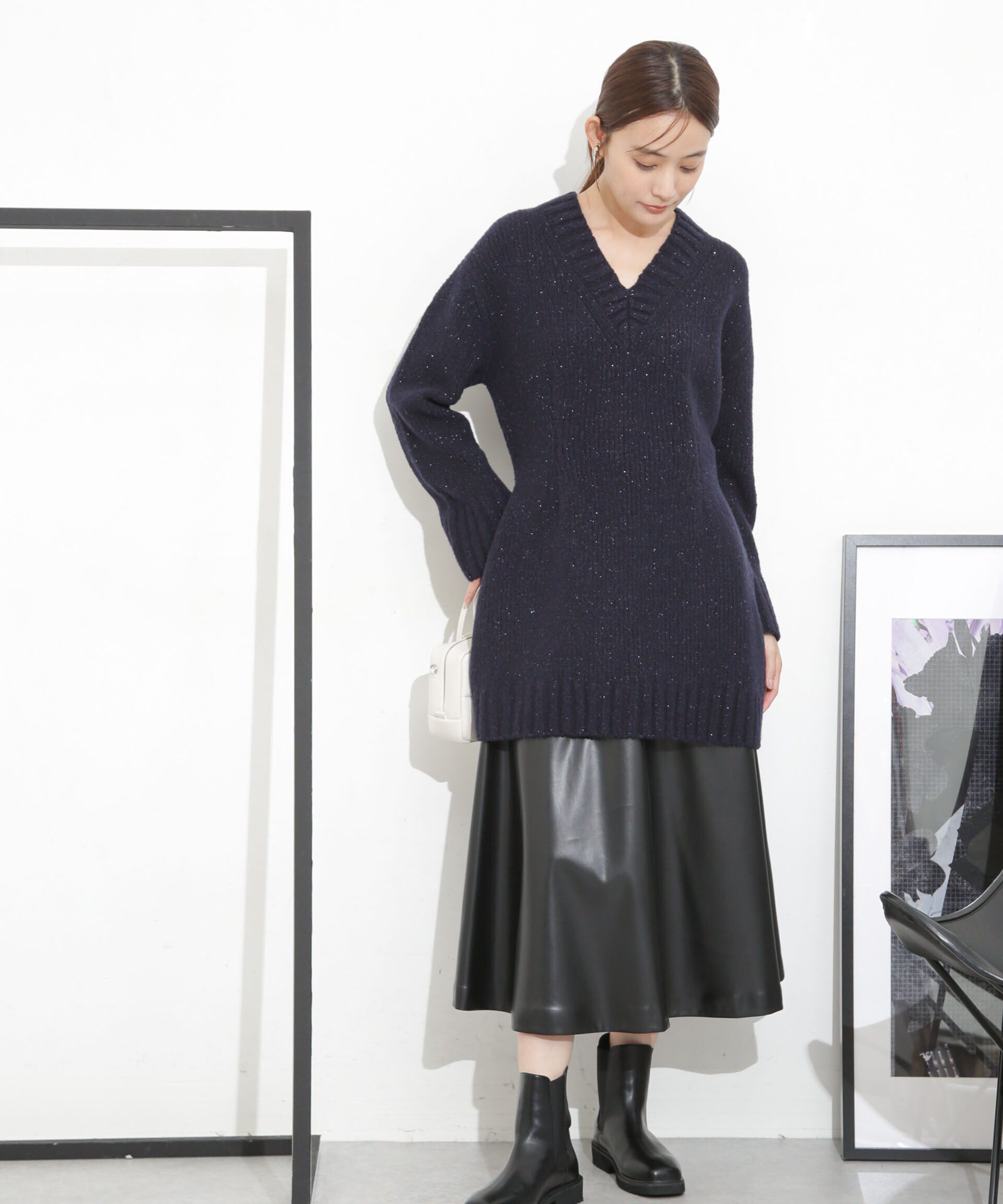 nano･universe「Vネックラメミックスロングニット」|ニット・セーター|