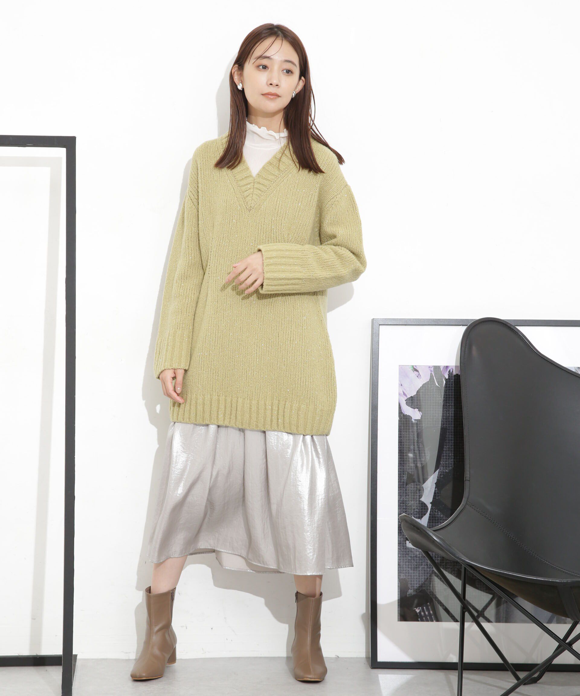 nano･universe「Vネックラメミックスロングニット」|ニット・セーター|