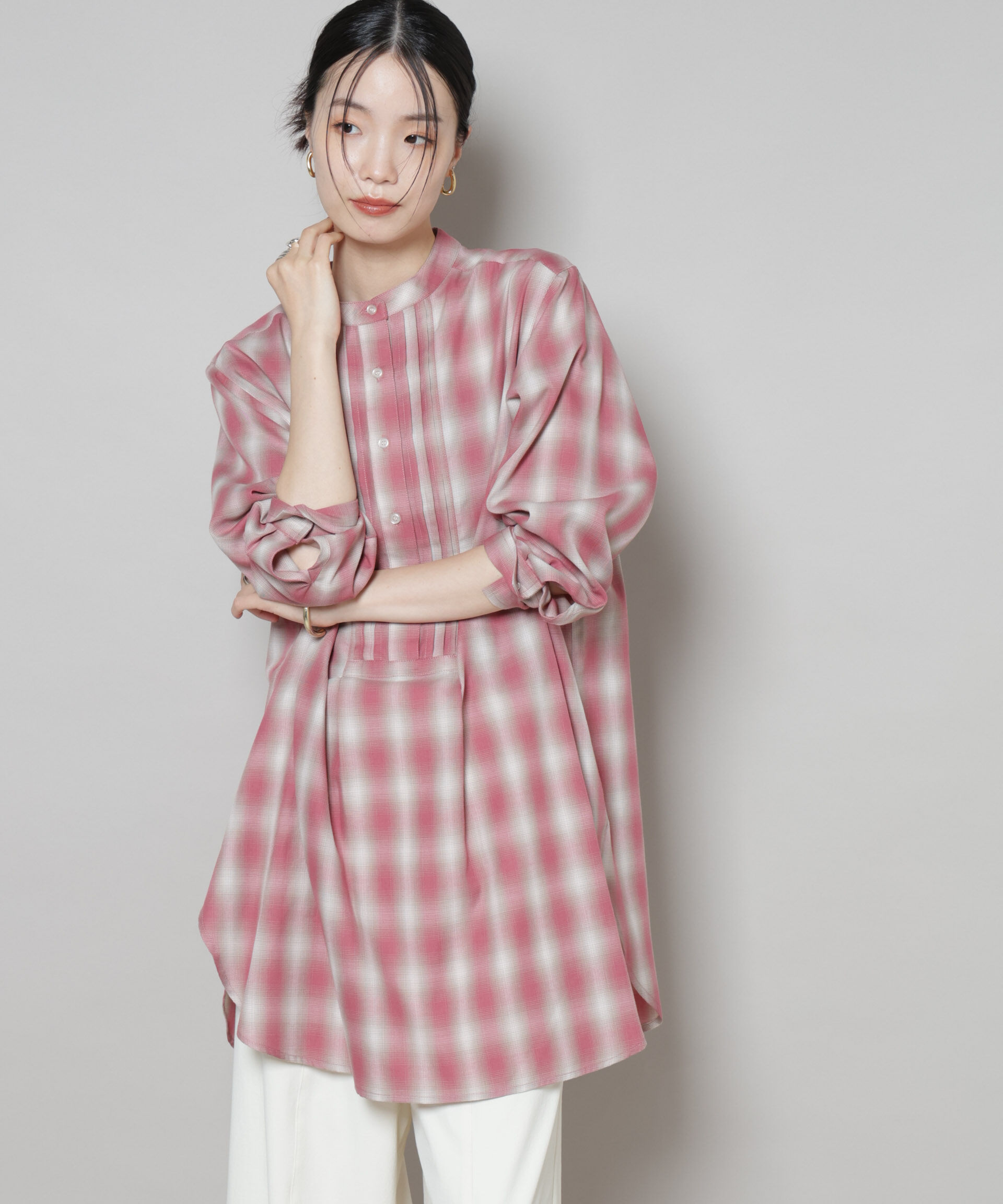 nano･universe「ピンタックデザインチェックプルオーバーブラウス」|シャツ・ブラウス|