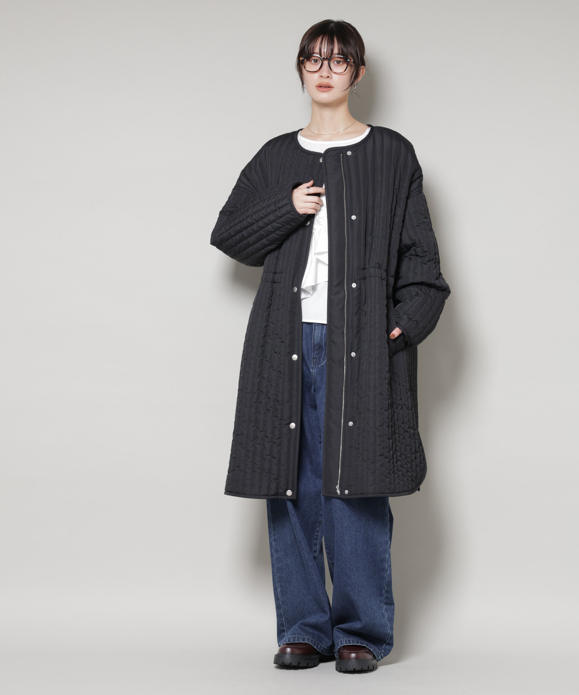 nano･universe「撥水加工 中綿キルティングウエストドロストノーカラーコート」|その他|