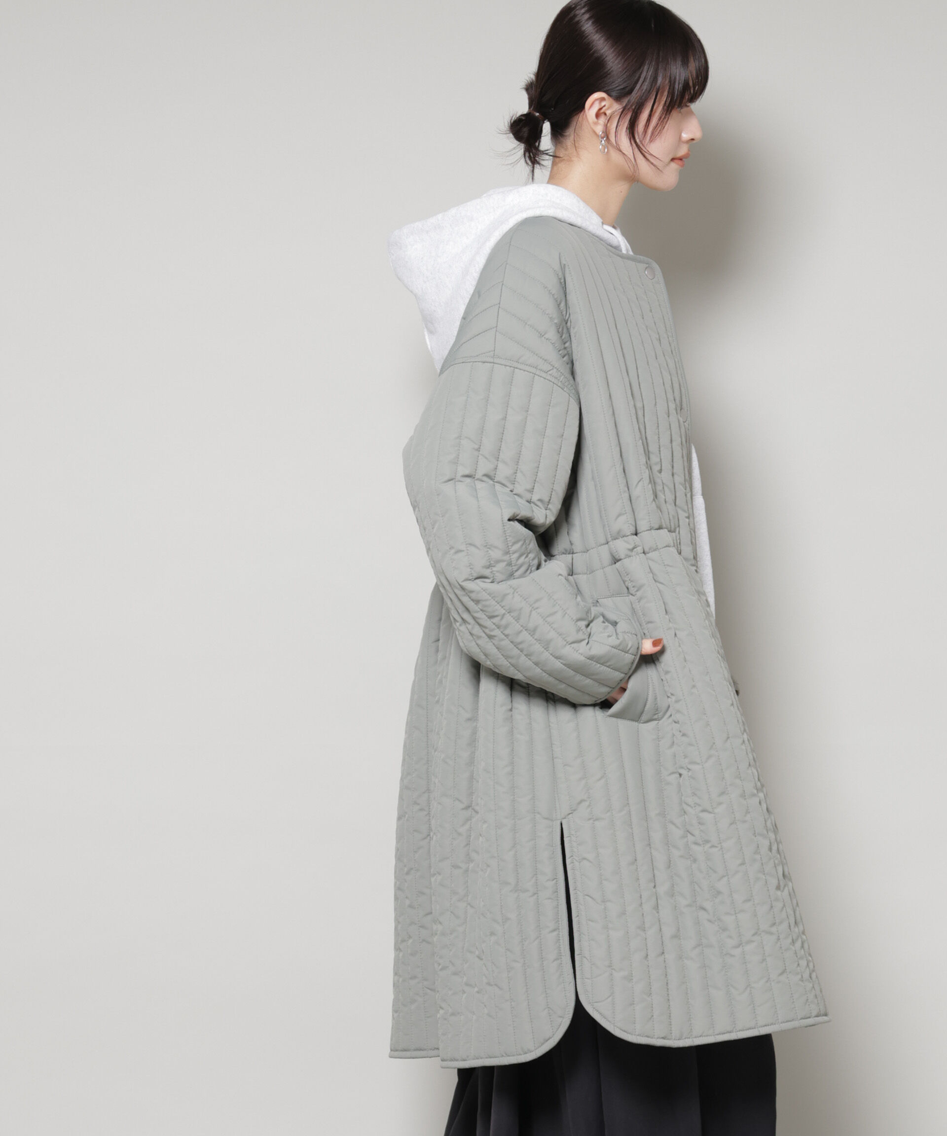 nano･universe「撥水加工 中綿キルティングウエストドロストノーカラーコート」|その他|