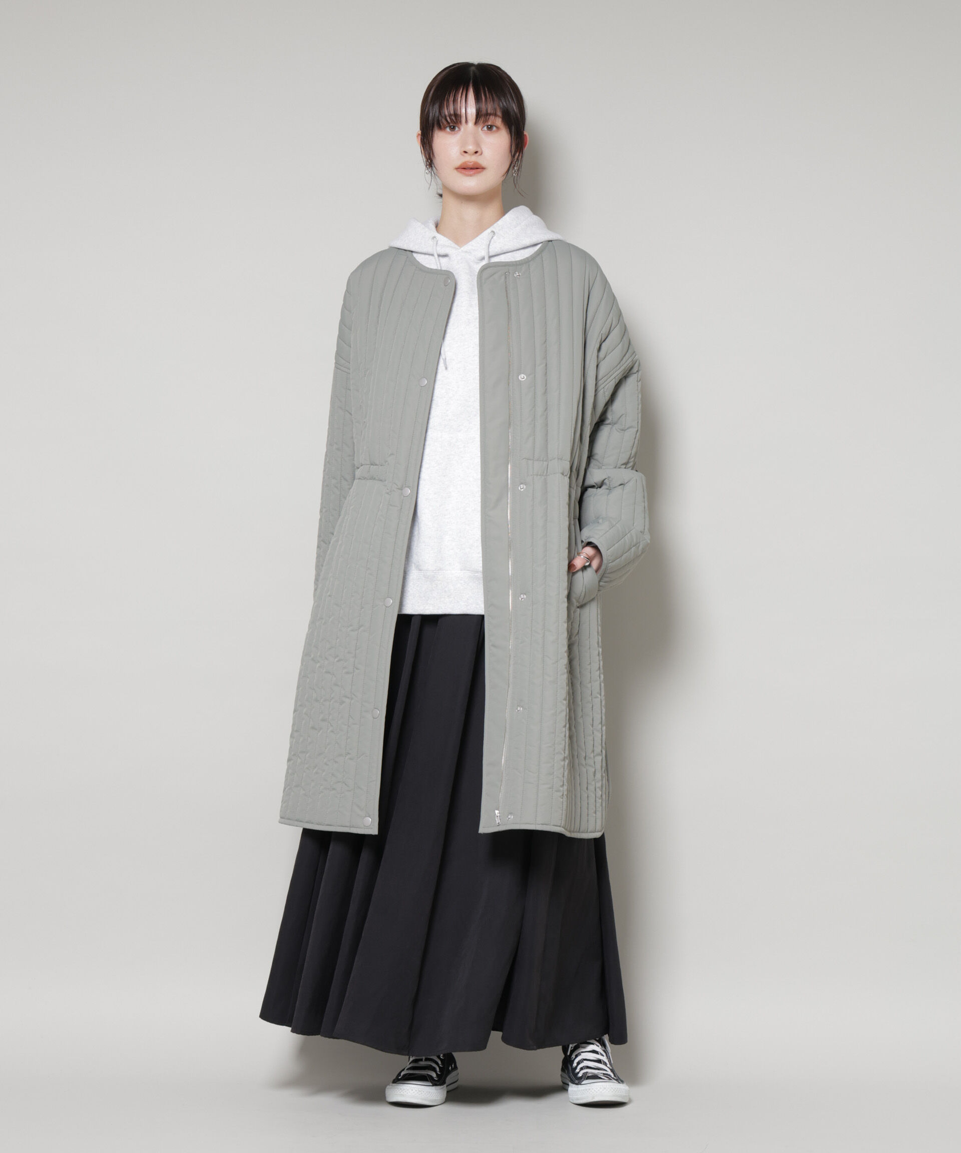 nano･universe「撥水加工 中綿キルティングウエストドロストノーカラーコート」|その他|