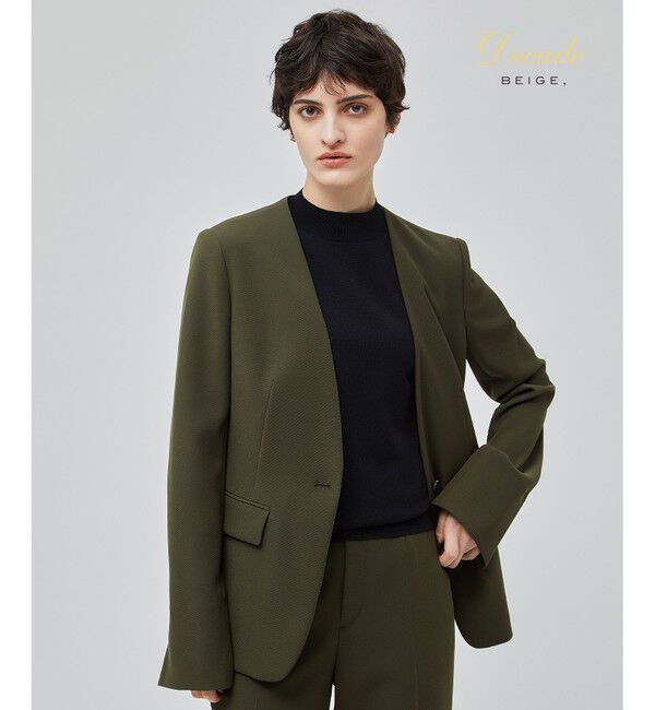 BEIGE,「【洗える】ALAINA / Vネックカラージャケット」|ノーカラージャケット|Khaki