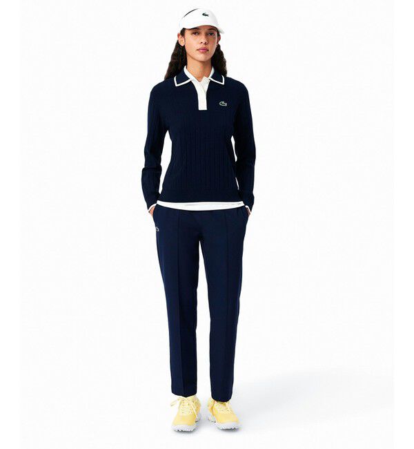 LACOSTE「UPF30+ UVカット センタークリース ストレッチテーパードスリムパンツ / ゴルフパンツ」|チノ|