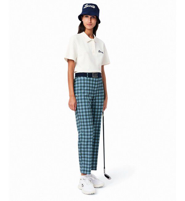 LACOSTE「UPF30+ UVカット センタークリース ストレッチテーパードスリムパンツ / ゴルフパンツ」|チノ|
