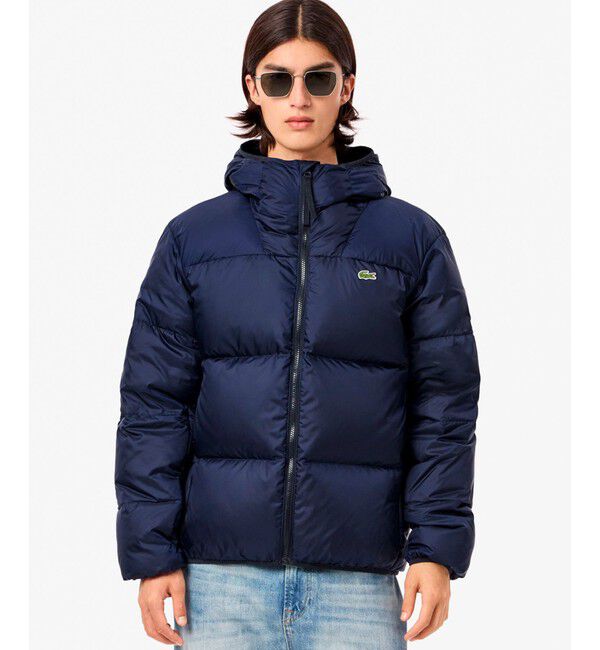 LACOSTE「撥水 バックステッチ スタンドカラー フーデッドダウンジャケット」|ダウン|ダークネイビー