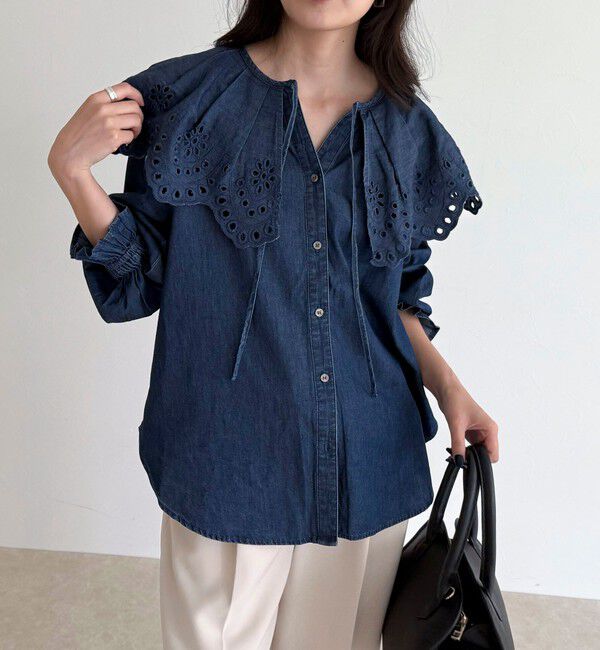 fredy emue「エンブロイダリーケープカラーデニムブラウス」|シャツ・ブラウス|ネイビー