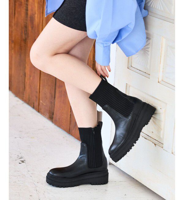 VIS「タンクソールサイドニットブーツ」|ロングブーツ|ブラック(01)