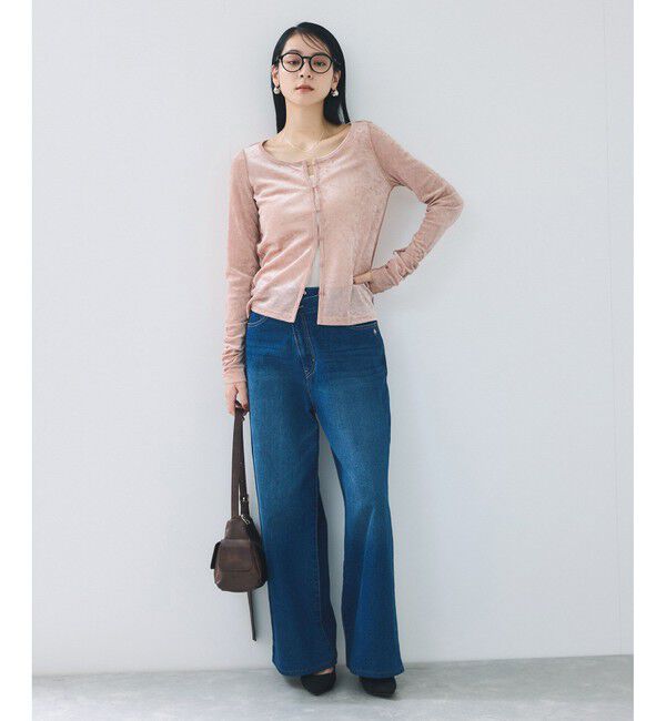 VIS「【2WAY】花柄＆無地アソート袖シャーリングベロアカーディガン」|カーディガン|