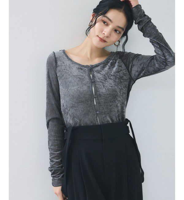 VIS「【2WAY】花柄＆無地アソート袖シャーリングベロアカーディガン」|カーディガン|