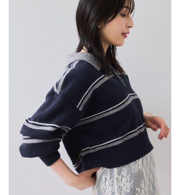 VIS「【WEB/一部店舗限定】ボーダー柄ポロニットプルオーバー」|ニット・セーター|