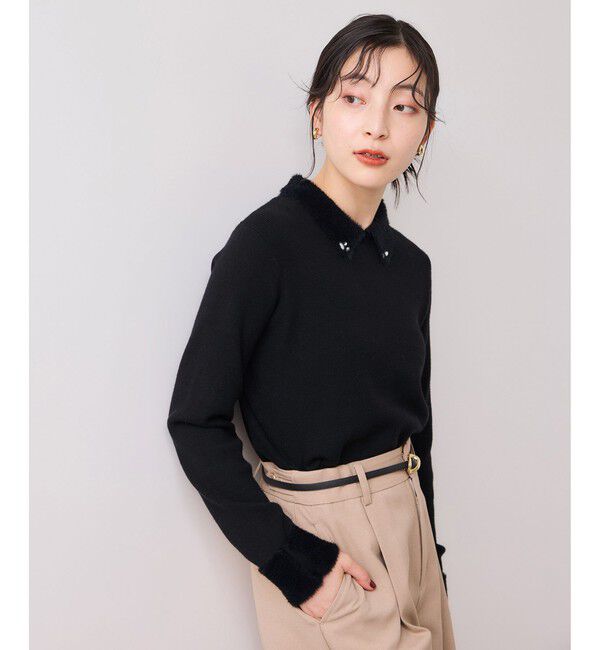 VIS「ビジュー付きシャギーカラーニットトップス」|ニット・セーター|