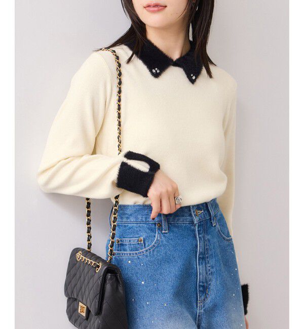 VIS「ビジュー付きシャギーカラーニットトップス」|ニット・セーター|