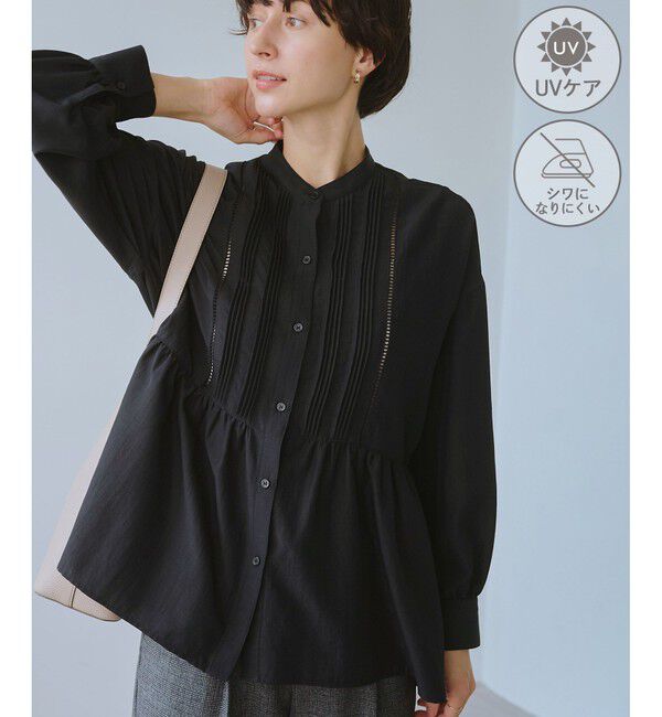 Rope&rsquo;Picnic「【UVケア・防シワ】羽織れるピンタックデザインペプラムシャツ」|シャツ・ブラウス|ブラック(01)