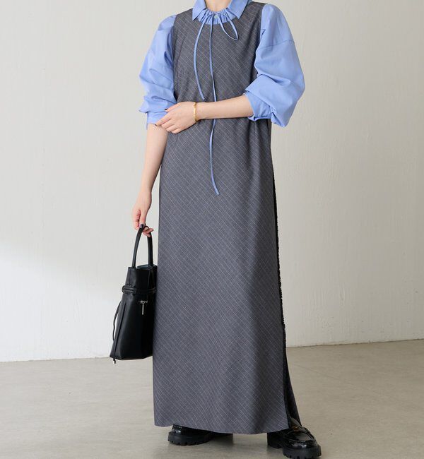  「バイアスストライプジャンパースカート」|ワンピース|グレー