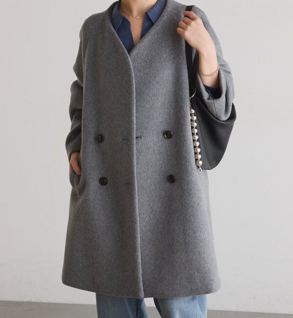  「ノーカラーダブルコート」|その他|グレー