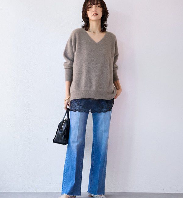  「【抜け感シルエット】ヘアリーウール片畦Vネックニット」|ニット・セーター|