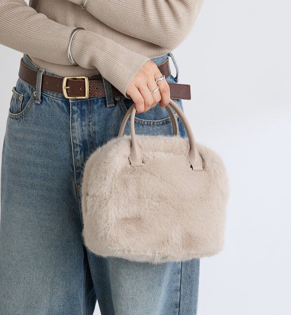  「【シーズンムード抜群】フェイクファーミニボストン」|クラッチバッグ|グレージュ