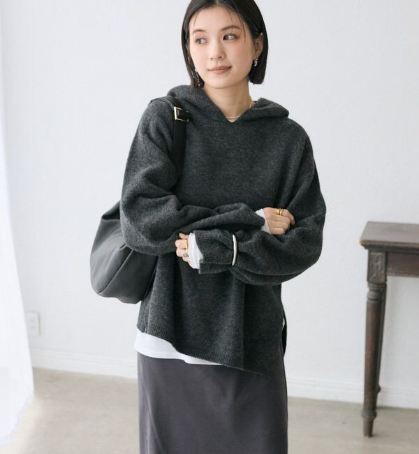  「【フードがアクセントに】ウール100ホールガーメントフーディ」|ニット・セーター|