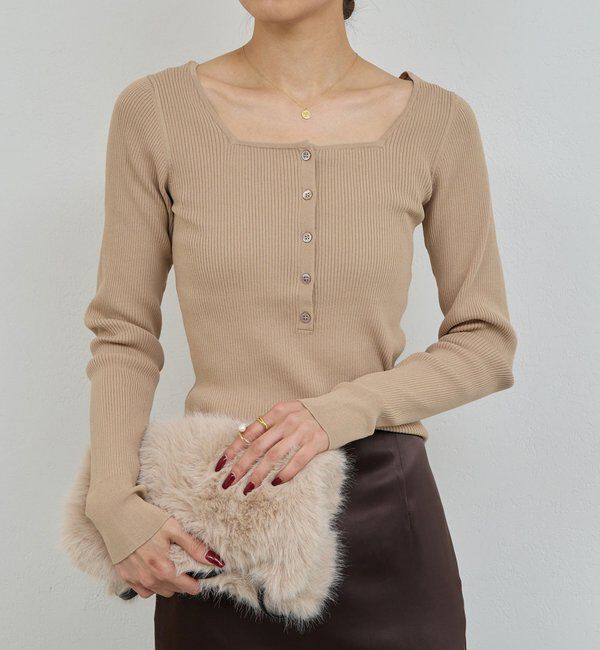  「スクエアヘンリーネックニット」|ニット・セーター|ベージュ