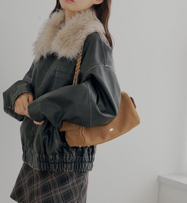  「チェーンハンドル横長スエードバッグ」|ボストンバッグ|