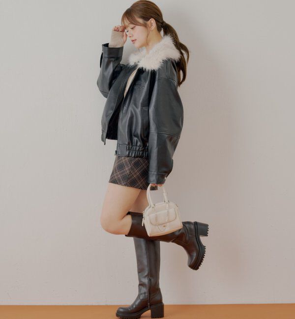  「【ファー取り外し可能】フェイクレザールーズジップブルゾン」|ブルゾン・スタジャン|