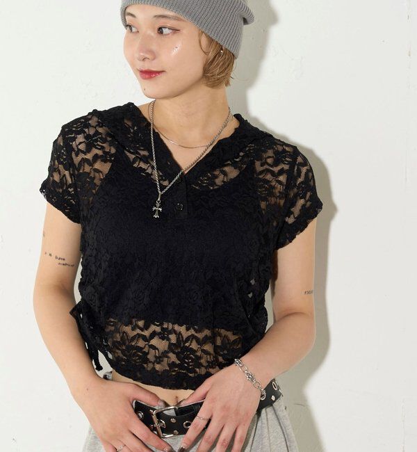  「【新色レース】シアー/レース  ヘンリー半袖パーカー」|Tシャツ・カットソー|