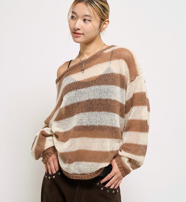  「WIDE BORDER MESH KNIT」|ニット・セーター|アイボリー