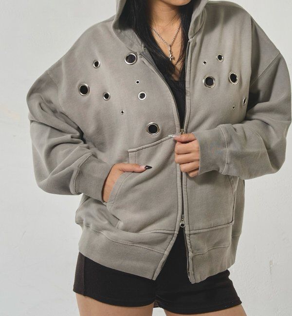  「EYELET ZIP HOODIE」|パーカー|グレー