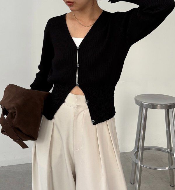  「【スタイルアップ効果◎】裾シャーリングリブカーディガン」|カーディガン|