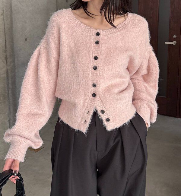  「【前後2WAY】モヘア起毛パフカーディガン」|カーディガン|ピンク