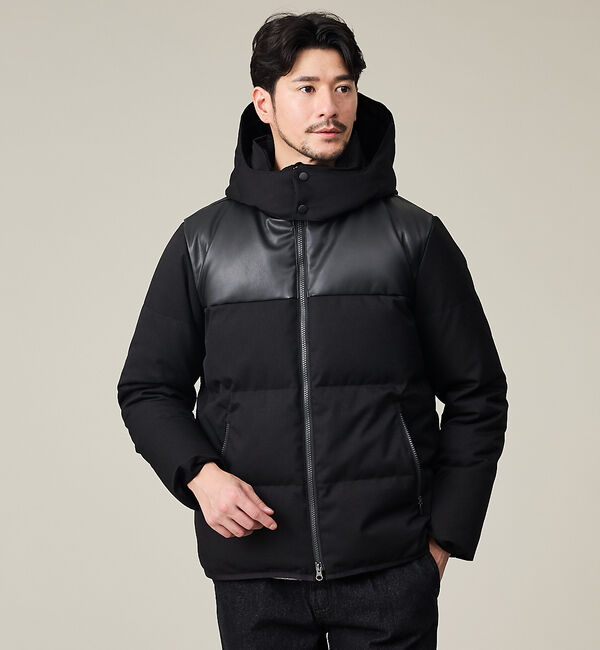 ABAHOUSE「【700FP】レザーライクコンビ ダウンジャケット」|ダウン|ブラック