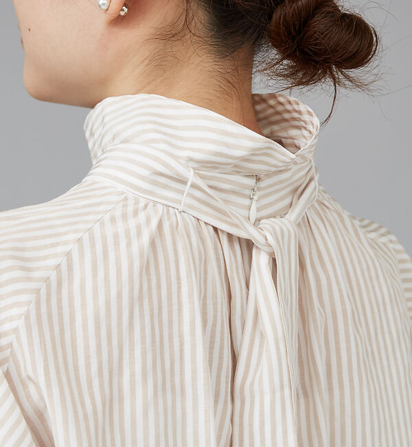 qualite「ストライプハイネックギャザーブラウス」|シャツ・ブラウス|