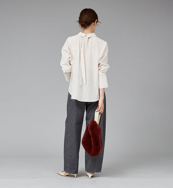 qualite「ストライプハイネックギャザーブラウス」|シャツ・ブラウス|