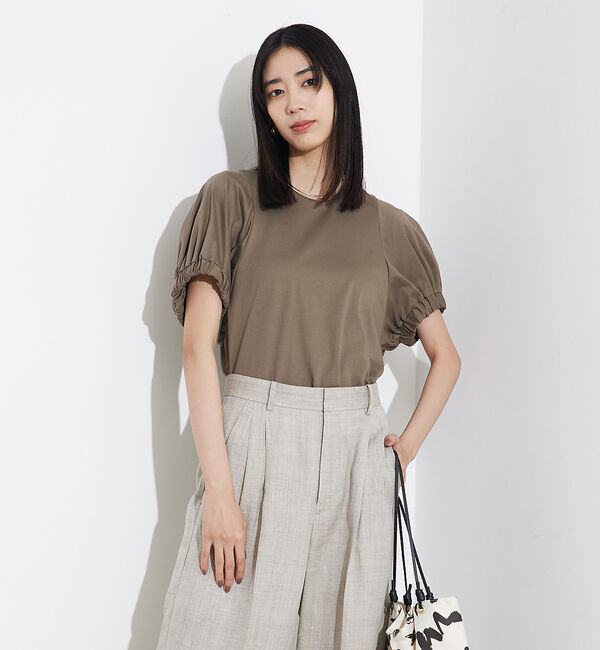 qualite「袖ギャザーカットTOP」|Tシャツ・カットソー|カーキ