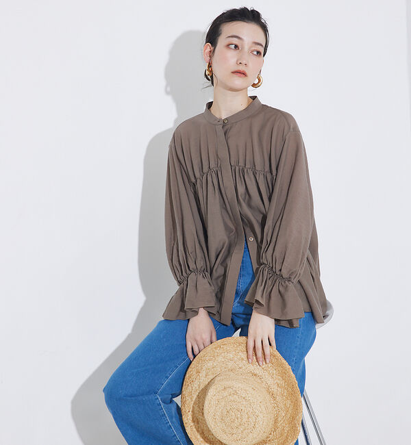 qualite「シャーリングパフスリーブシャツ」|シャツ・ブラウス|モカ