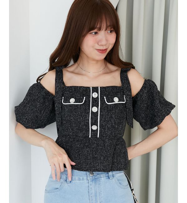  「肩リボンツイードペプラムブラウス」|シャツ・ブラウス|