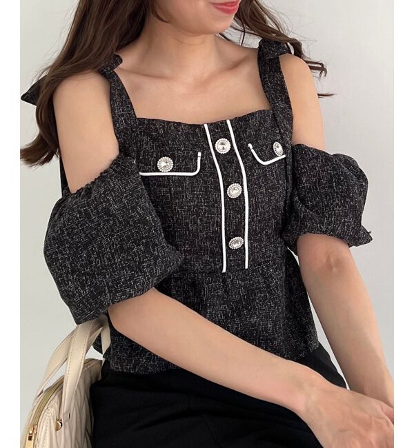  「肩リボンツイードペプラムブラウス」|シャツ・ブラウス|