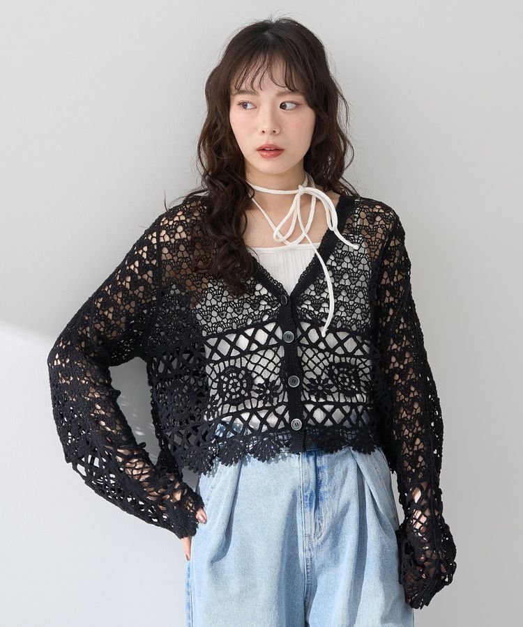 earth music&ecology「クロシェ風Vネックカーディガン」|カーディガン|